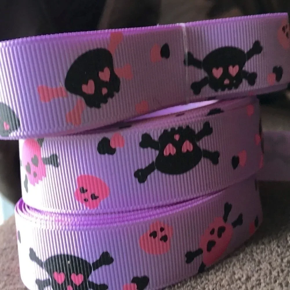 5/$20 grosgrain Ribbon 7/8” 5 yards skulls purple